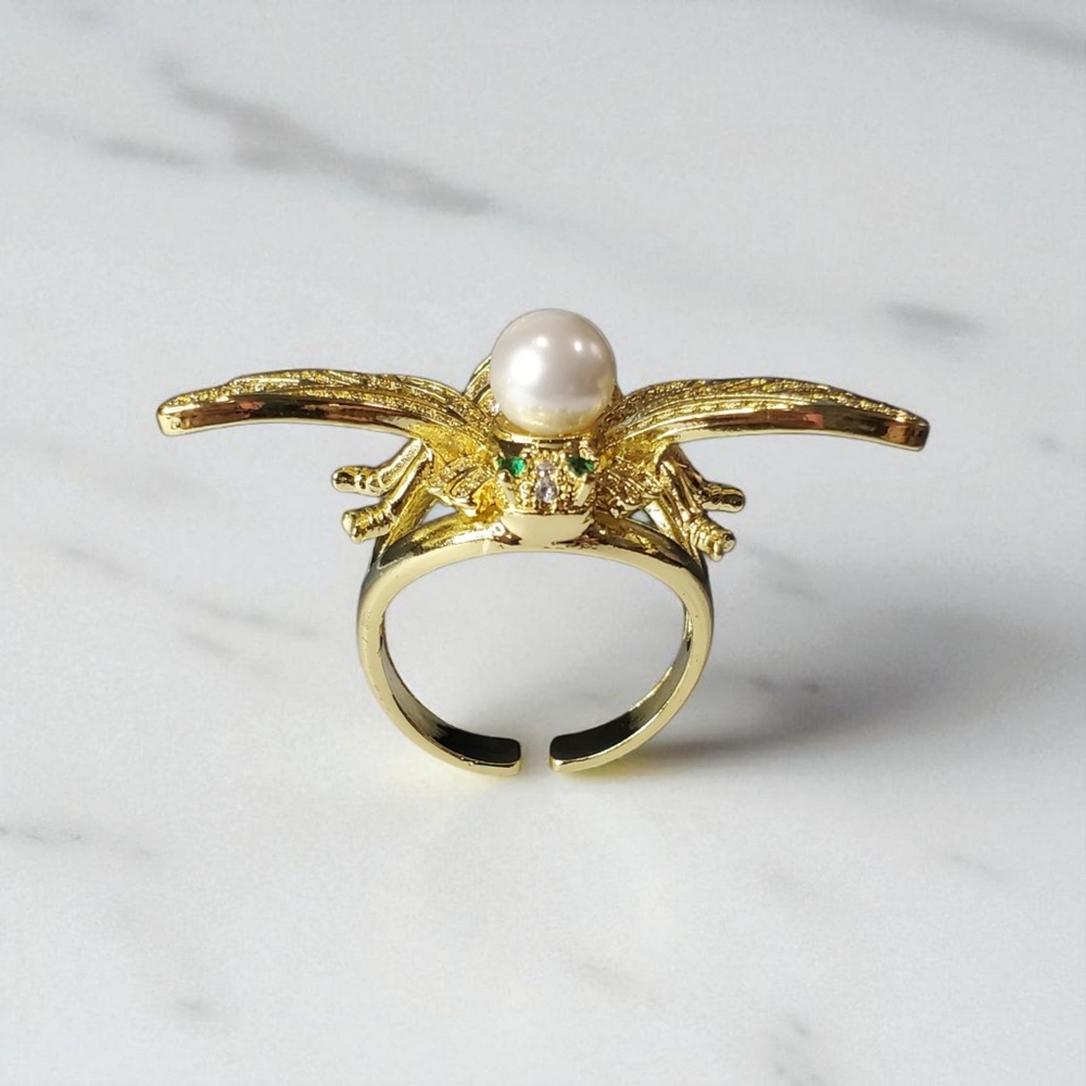 18k Gold Plated Bee Pearl Zircon Crystal Ring - Picture 3 of 4